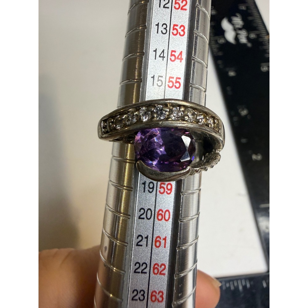 Purple Stone Bypass Ring Silver Tone Filigree Detail Size 8.5